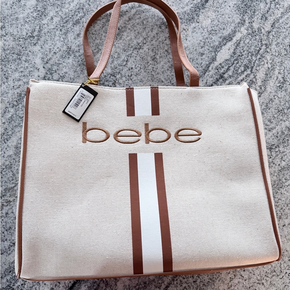 Bebe Cream Caramel Paisley Canvas Tote with Brown Stripes and Logo